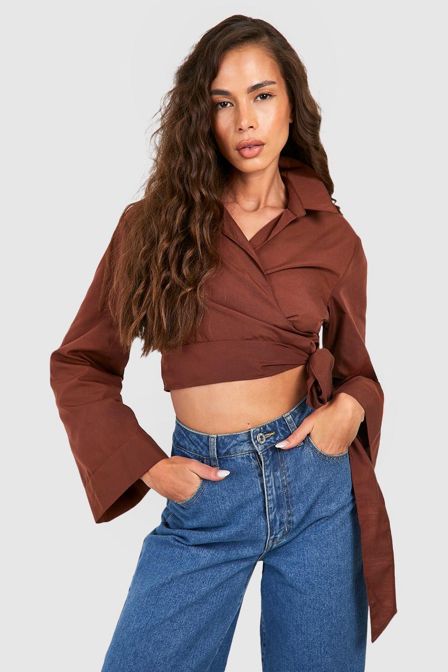 Chocolate Wide Sleeve Wrap Tie Cropped Shirt   image number 1