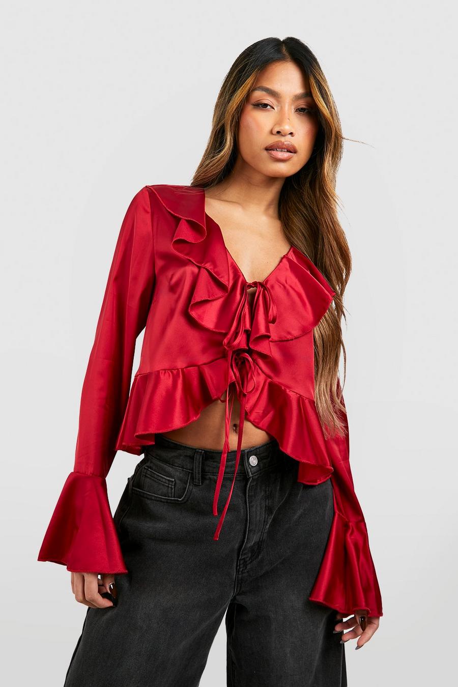 Cherry Satin Ruffle Tie Blouse  image number 1