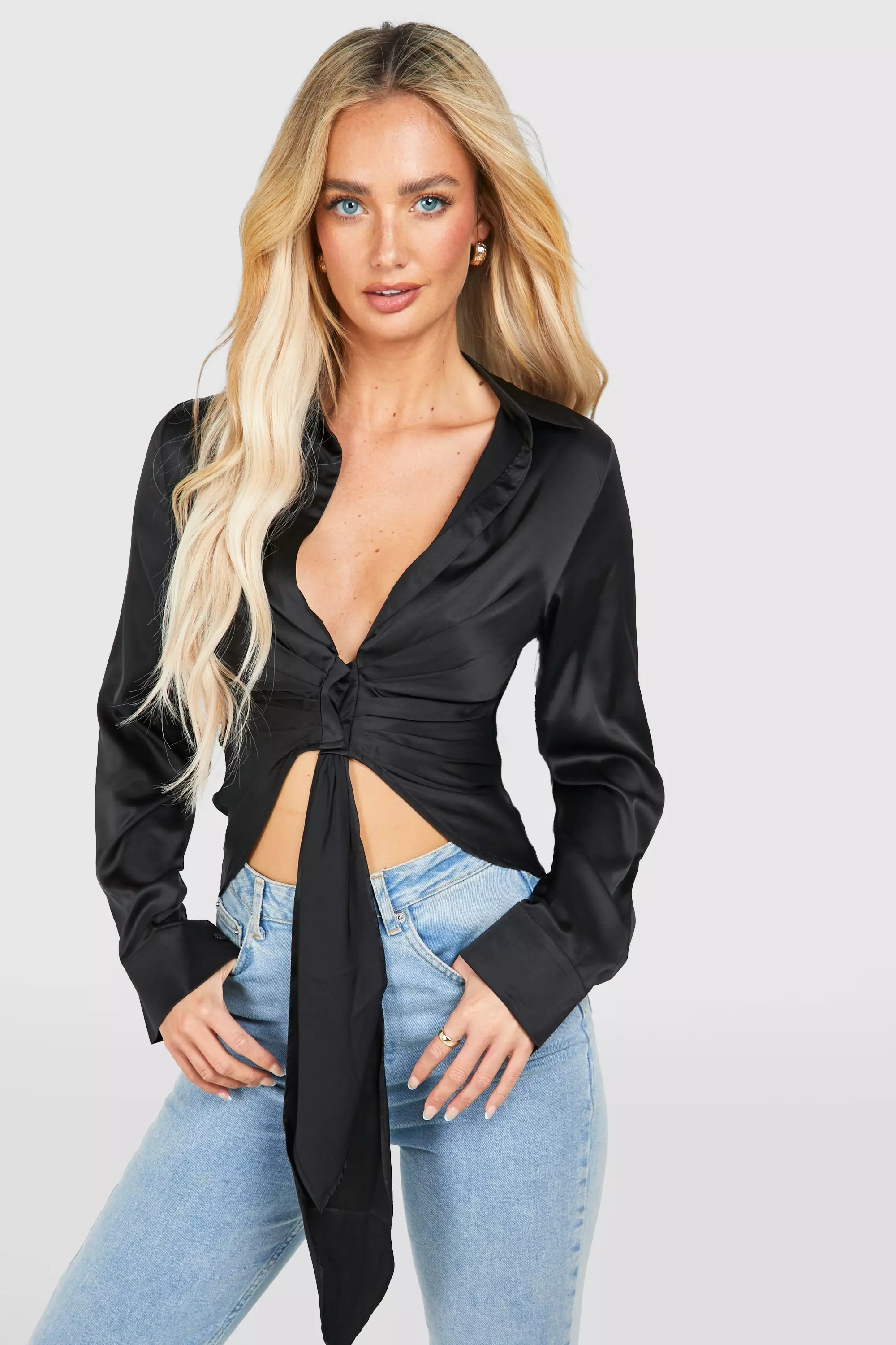 Black Satin Tie Front Drape Blouse صورة بديلة
