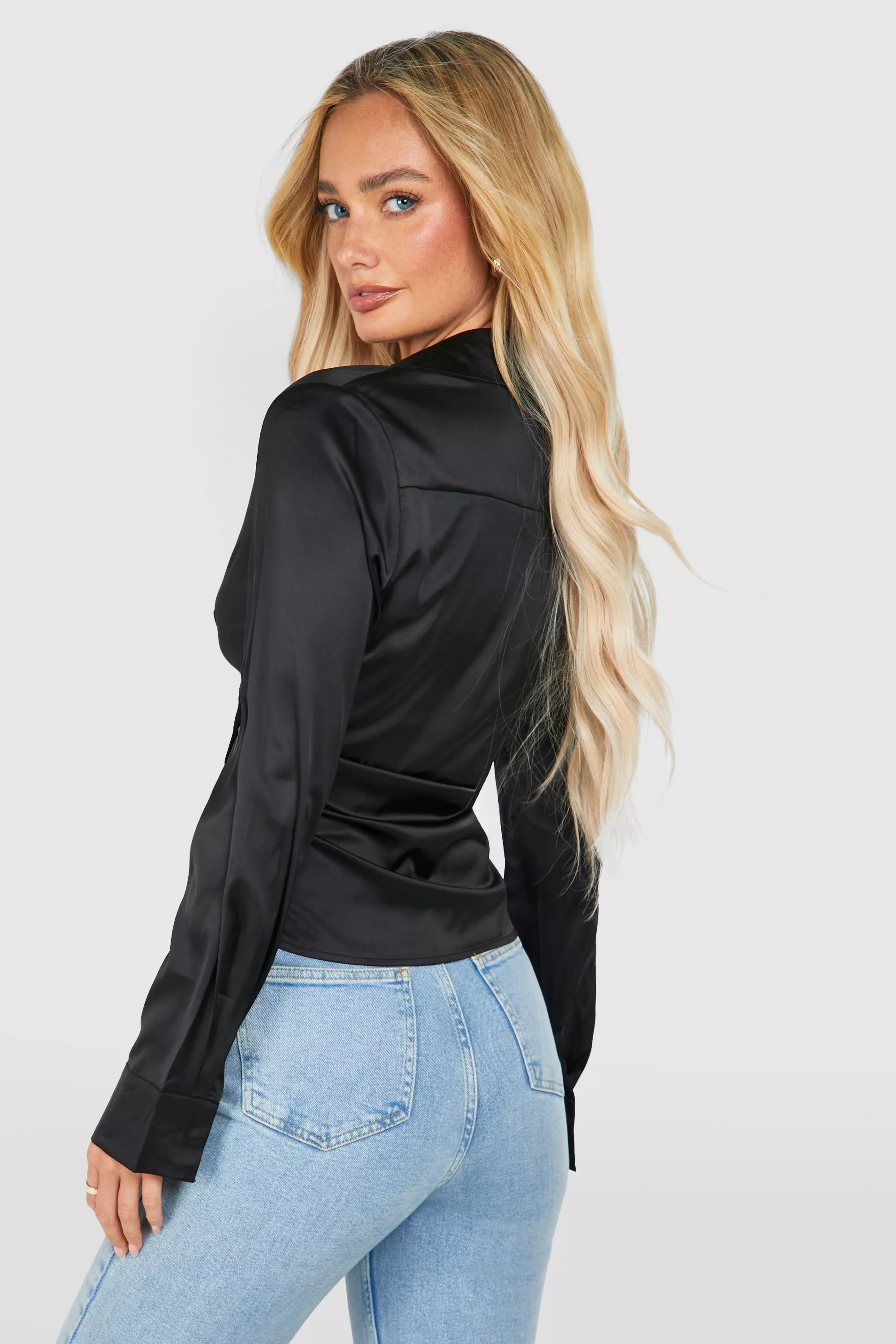 Black Satin Tie Front Drape Blouse صورة بديلة