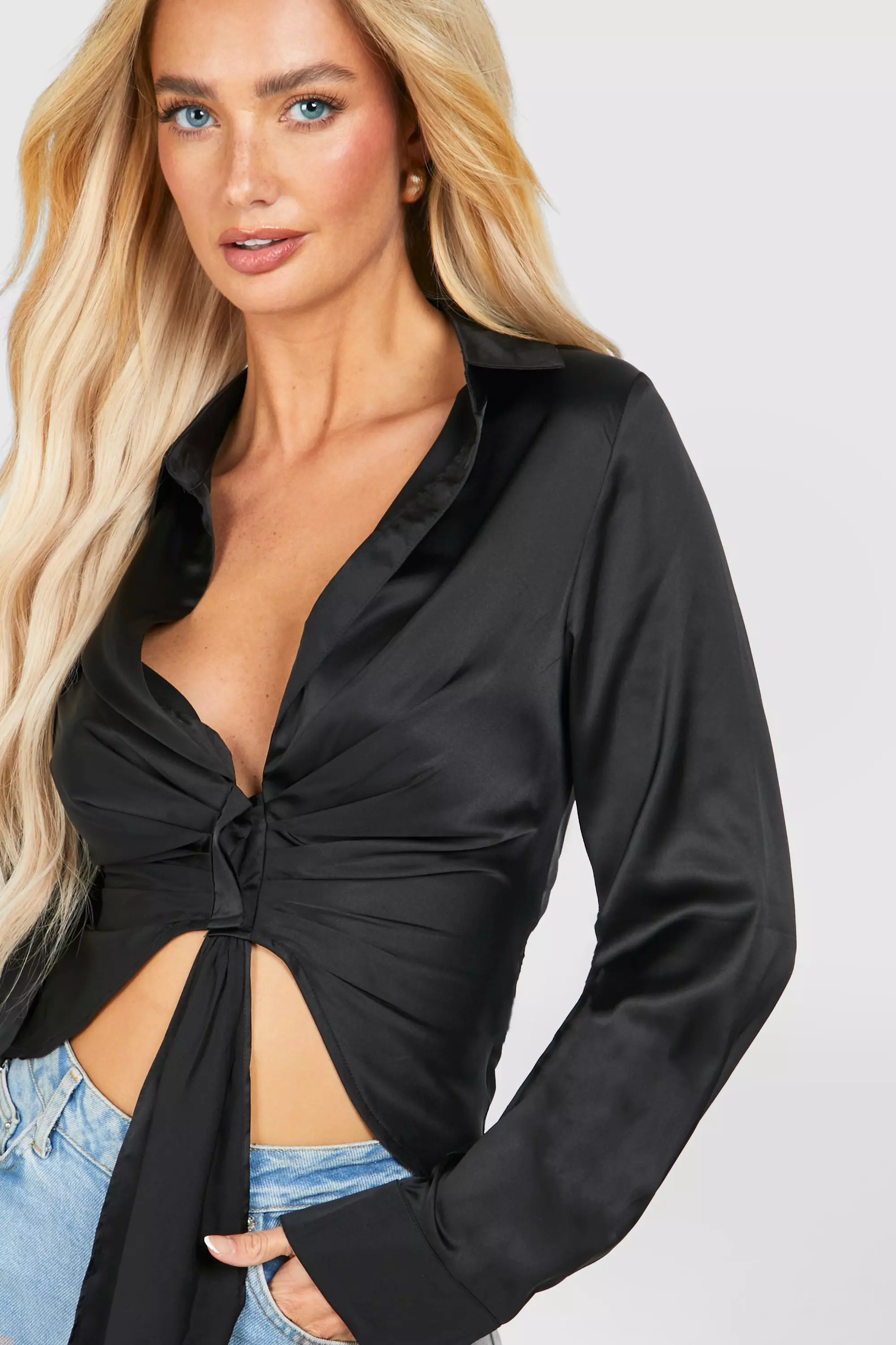 Black Satin Tie Front Drape Blouse صورة بديلة