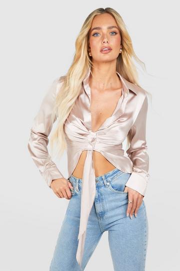 Satin Tie Front Drape Blouse champagne