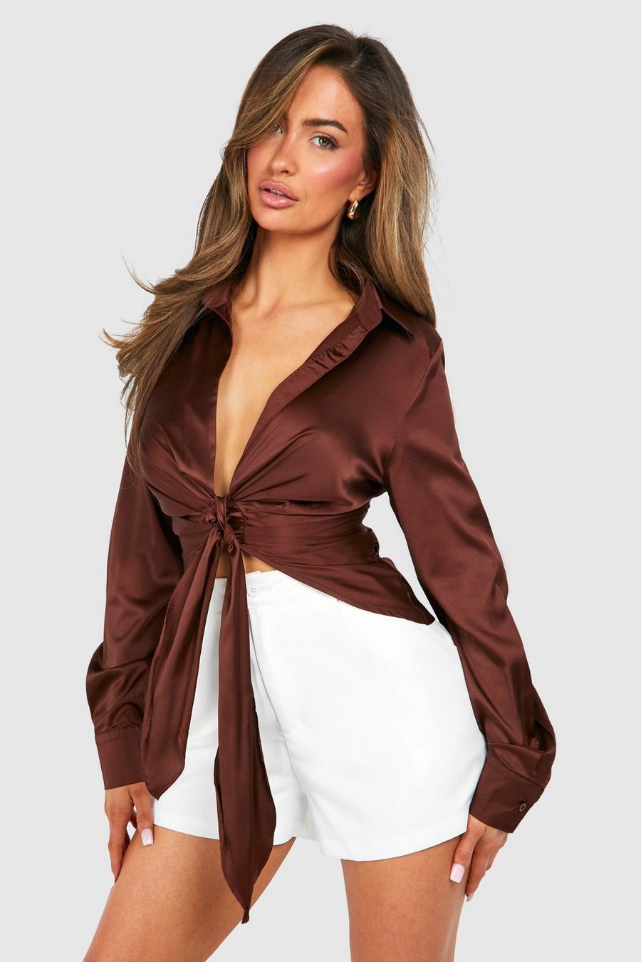 Chocolate Satin Tie Front Drape Blouse image number 1