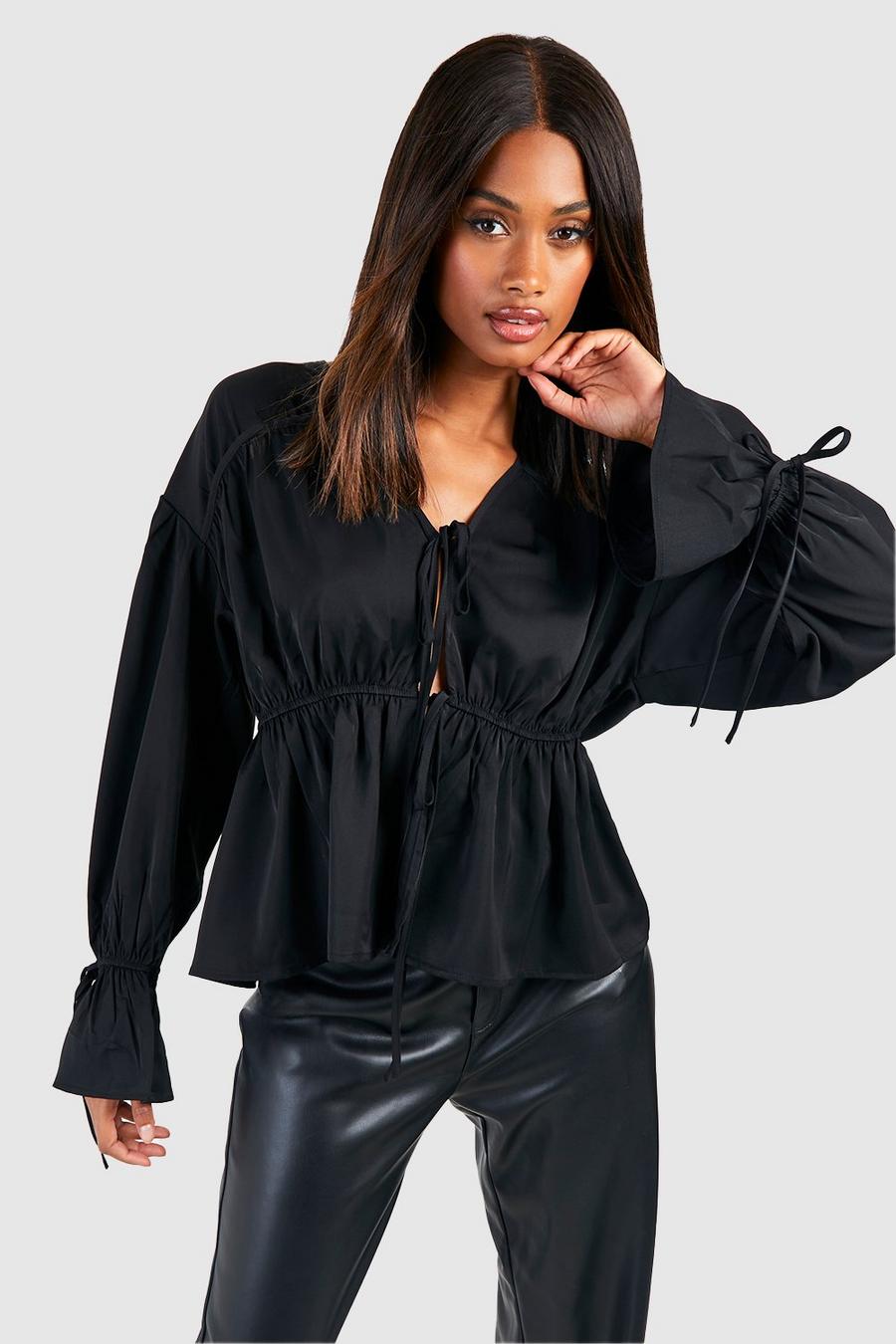 Black Tie Front Frill Sleeve Blouse image number 1