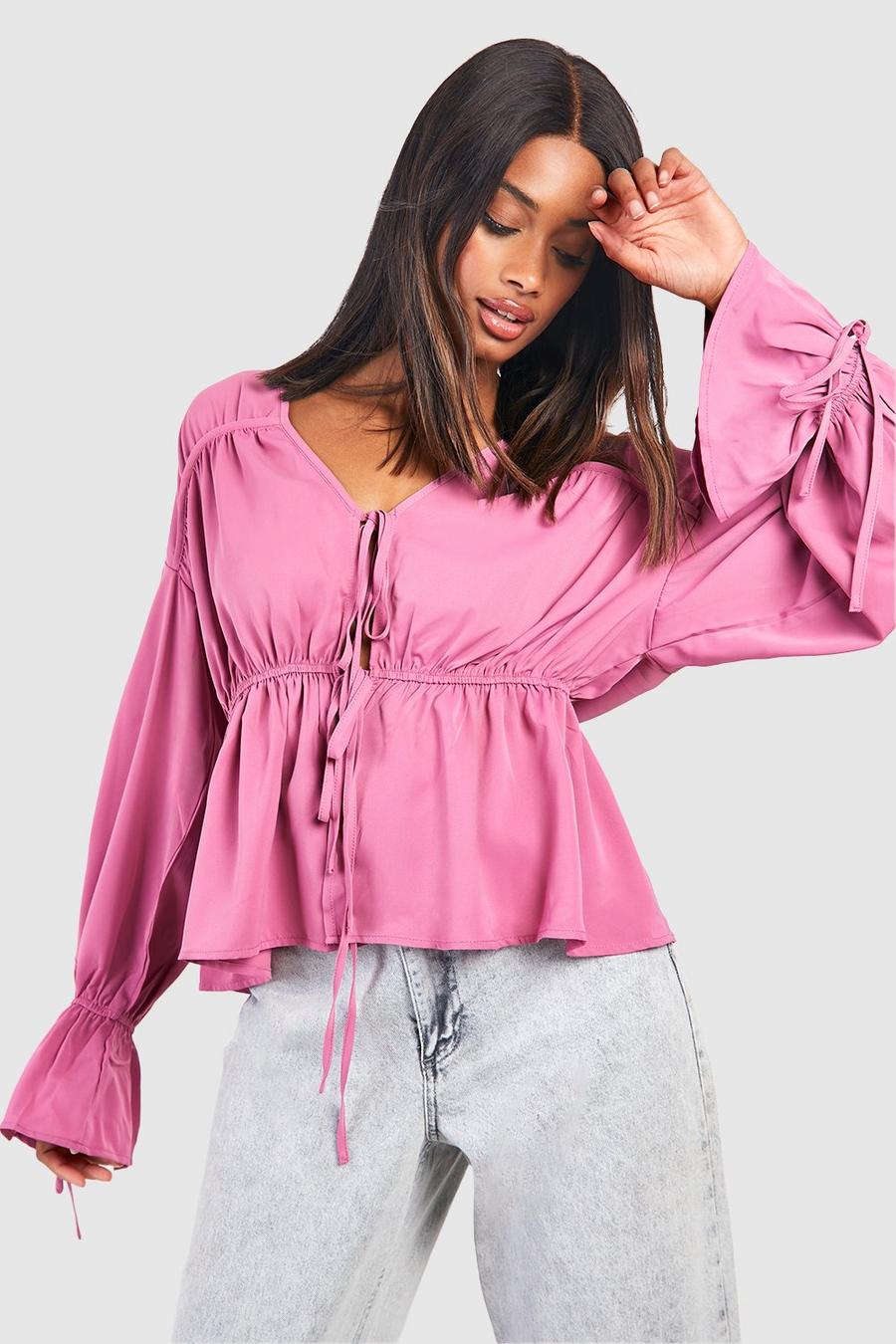 Geschnürte Bluse mit Rüschenärmeln, Dusky pink image number 1