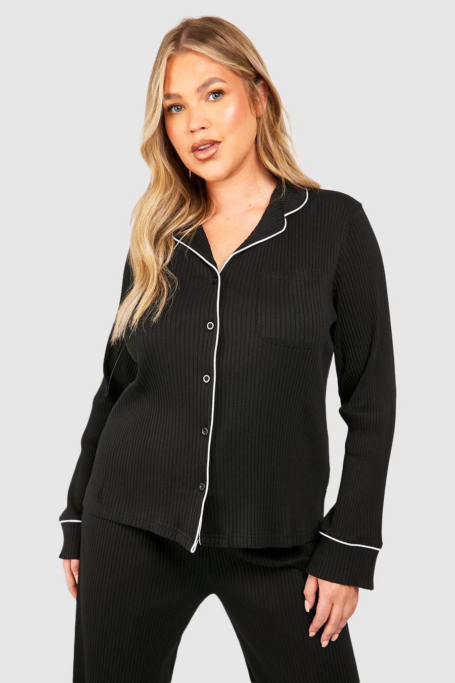Black Plus Rib Long Sleeve Button Front Shirt image number 1