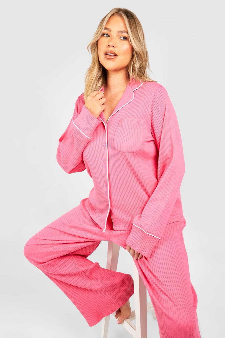 Pink Plus Geribbeld Overhemd Met Lange Mouwen En Knopen image number 1