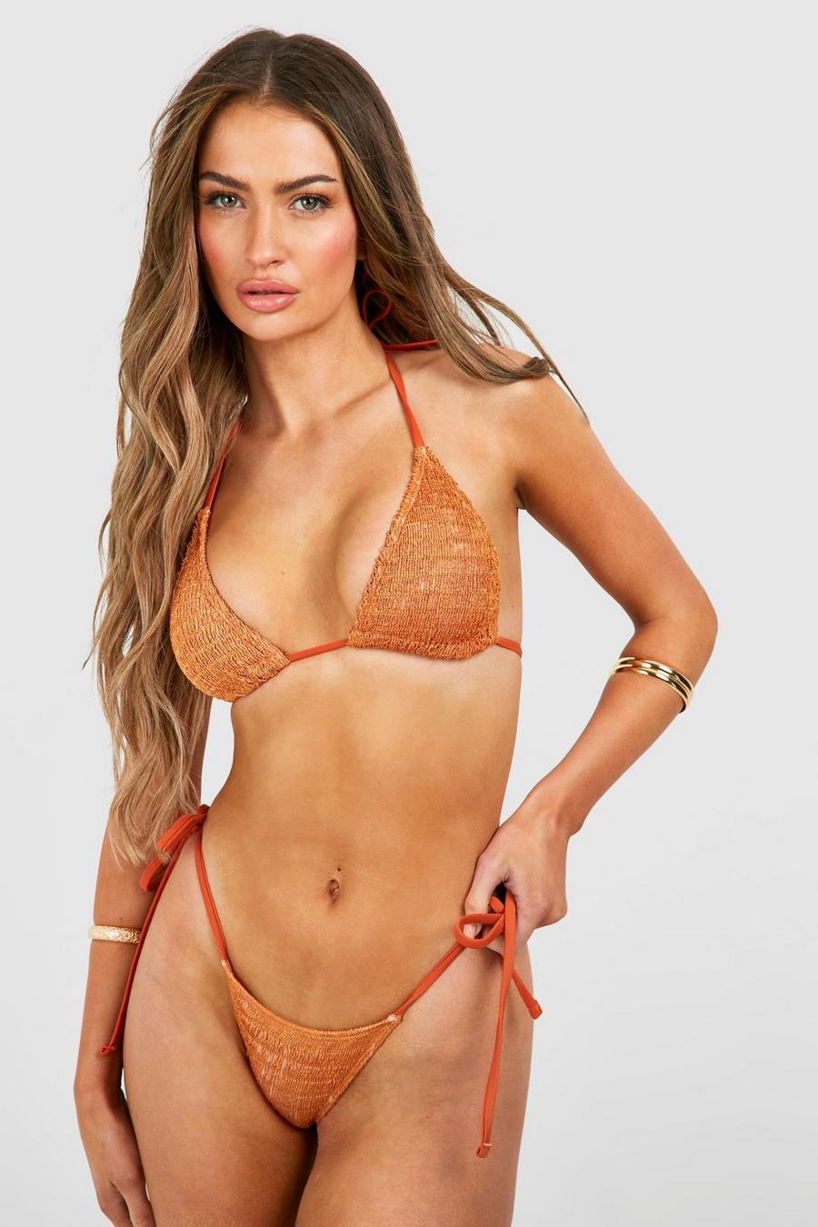 Bikini à imprimé triangle avec haut brassière et bas taille haute, Caramel image number 1