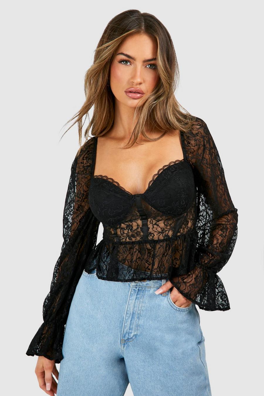 Black Lace Cup Detail Puff Sleeve Corset