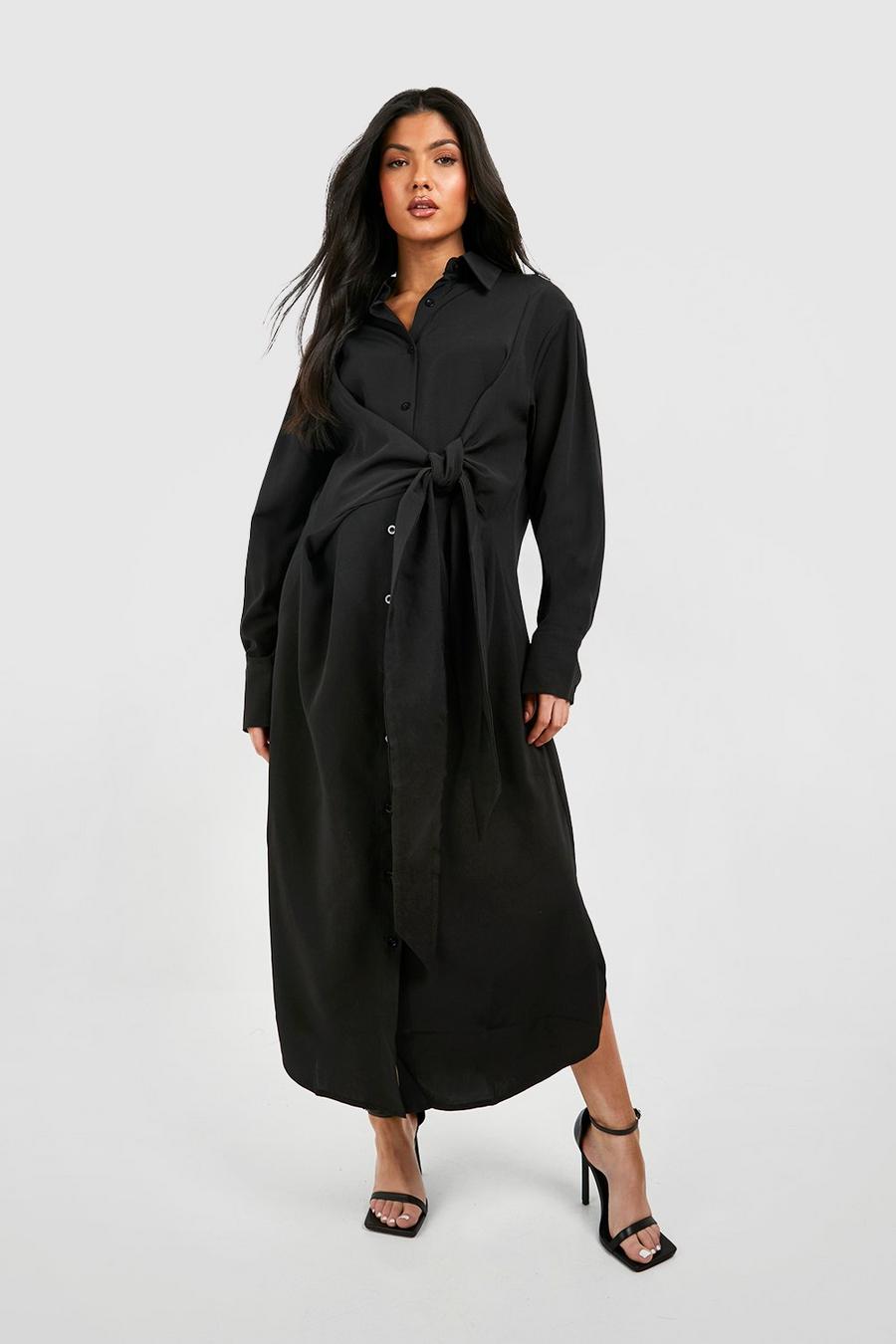 Black Maternity Tie Detail Midaxi Shirt Dress