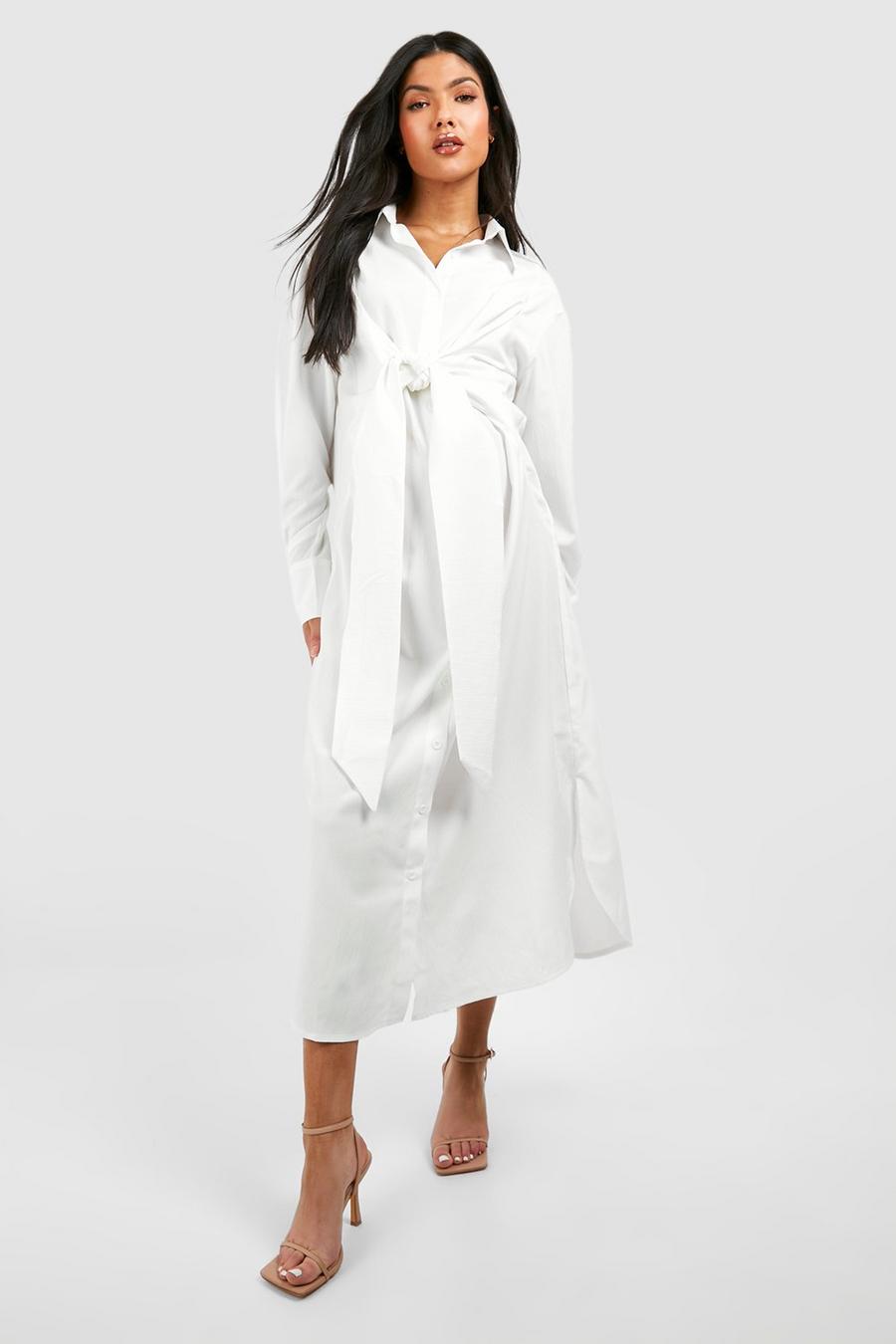 White Maternity Tie Detail Midaxi Shirt Dress image number 1