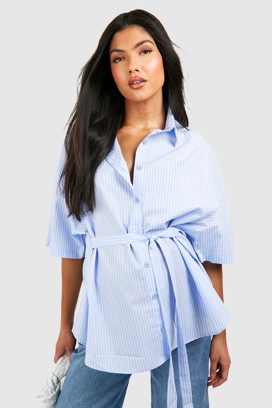 Blue Maternity Tie Detail Stripe Shirt