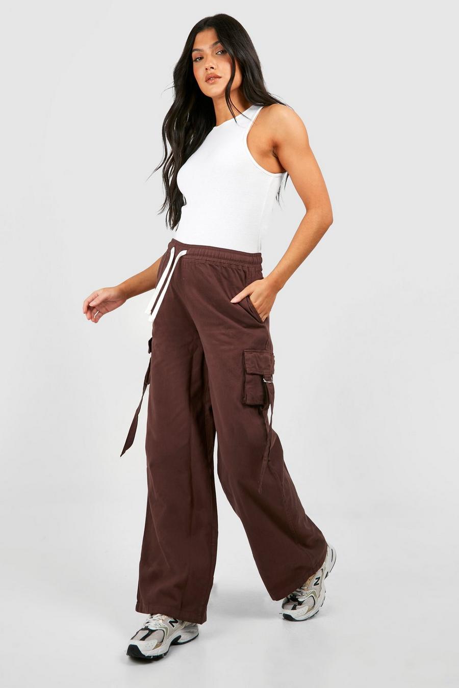 Chocolate Maternity Contrast Draw Cord Wide Leg Cargo Pants image number 1