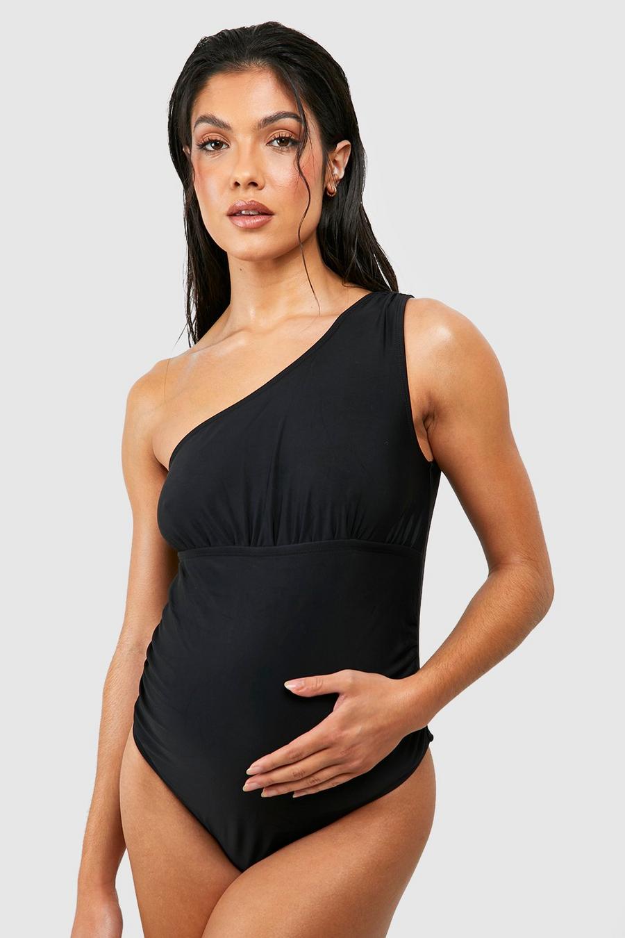 Black Maternity Ruched One Shoulder Swimsuit image number 1