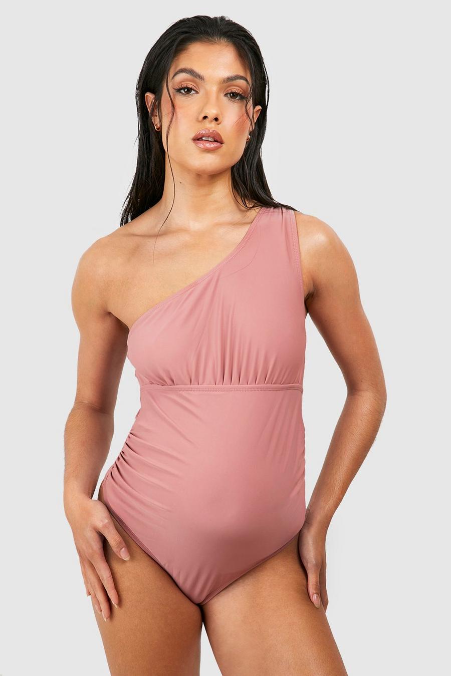 Mocha Maternity Ruched One Shoulder Swimsuit image number 1
