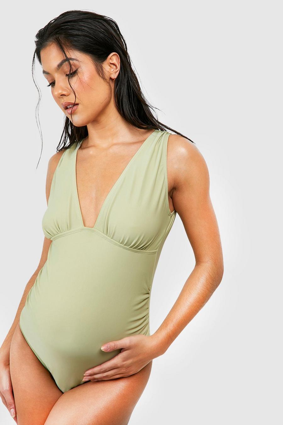 Maternité - Maillot de bain grossesse froncé à décolleté plongeant, Light khaki image number 1