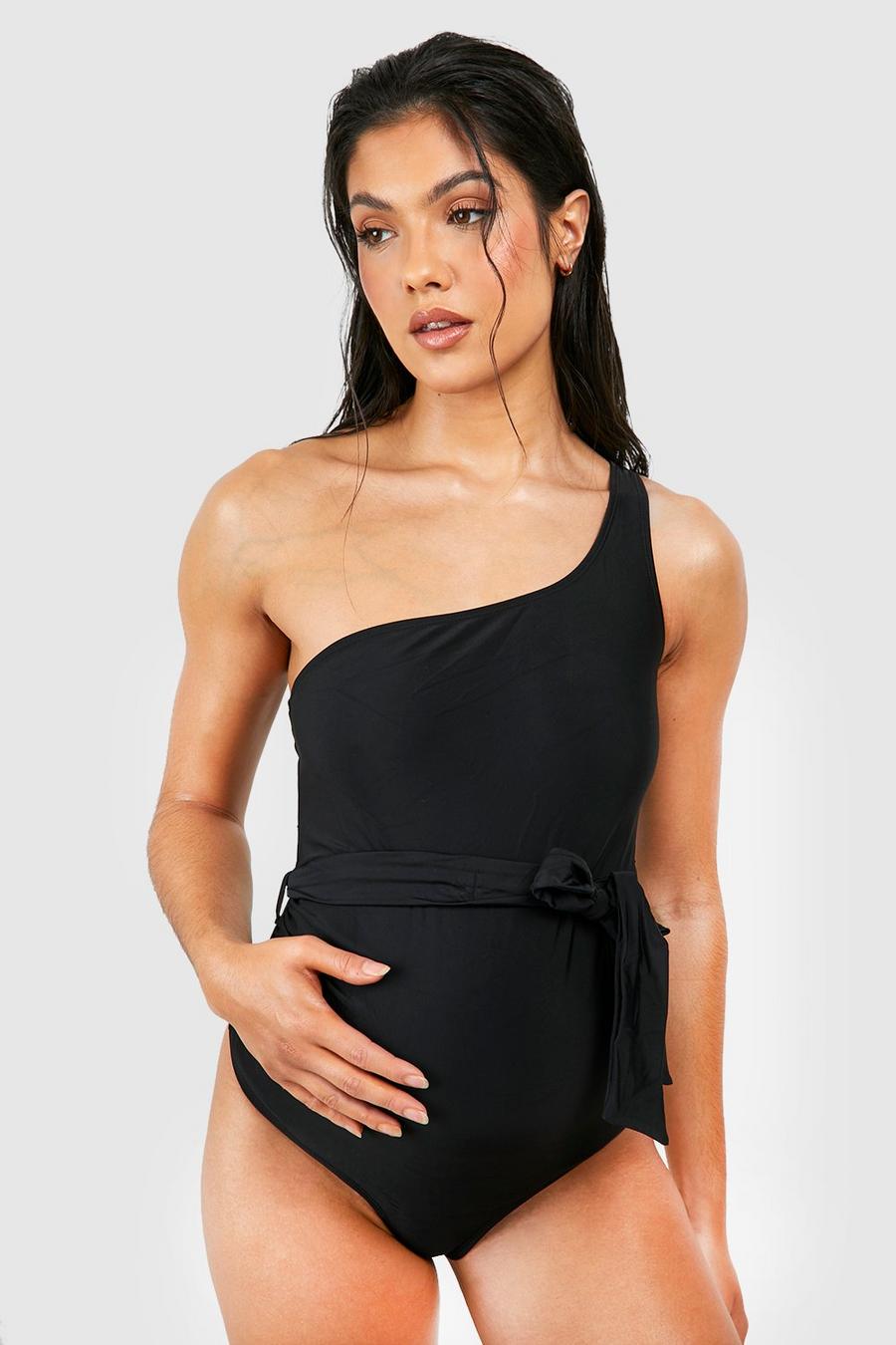 Black Maternity Belted One Shoulder Swimsuit image number 1