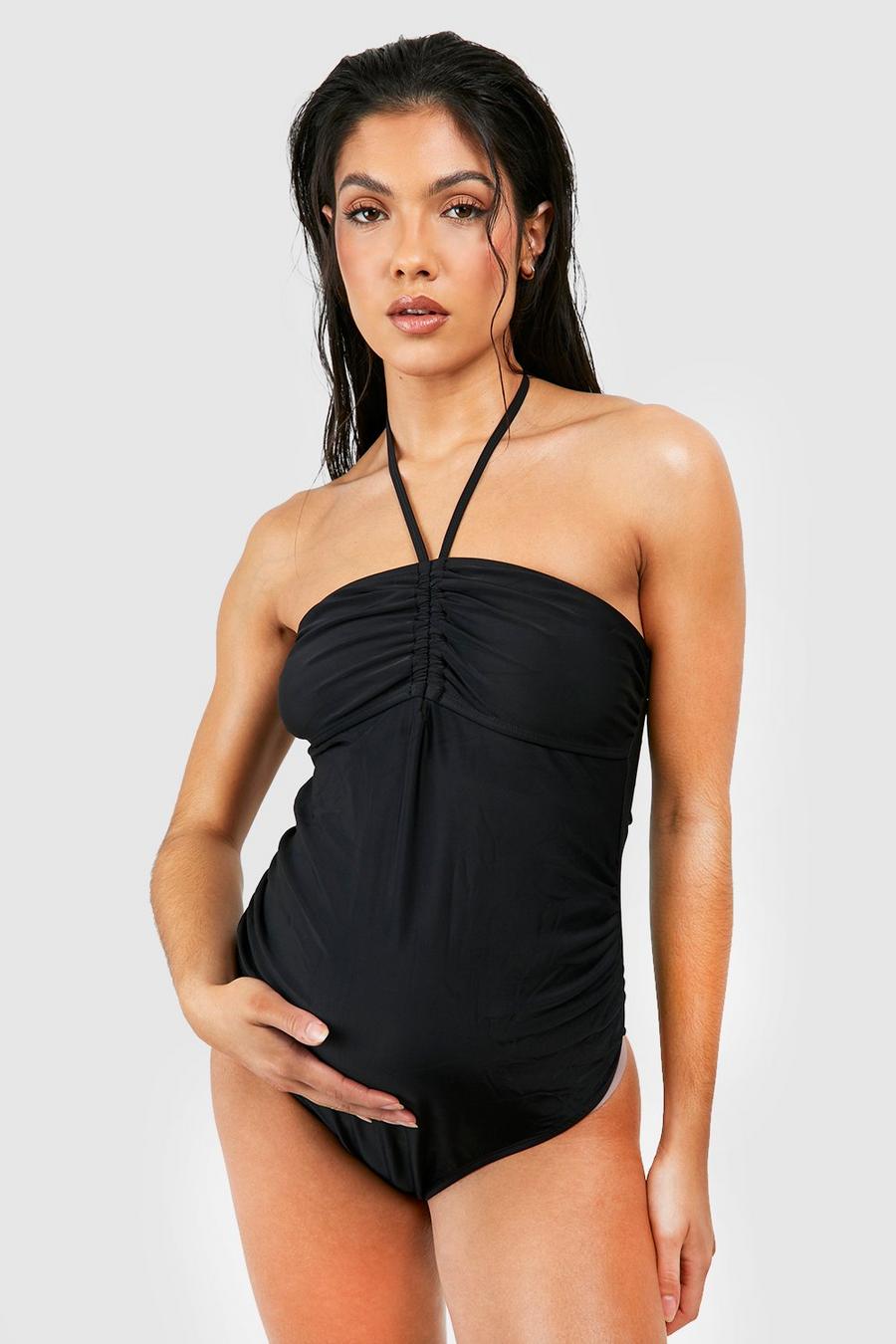 Black Maternity Ruched Bandeau Tie Swimsuit image number 1