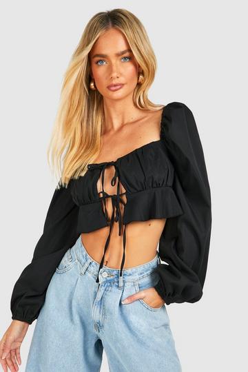 Volume Sleeve Tie Detail Crop Top black