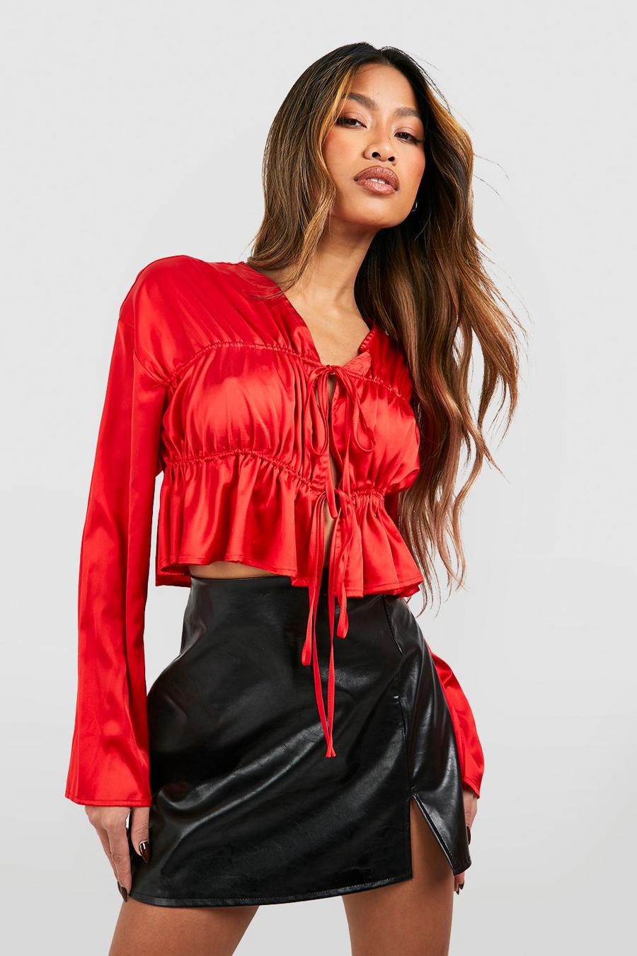 Red Satin Tie Front Crop Blouse image number 1