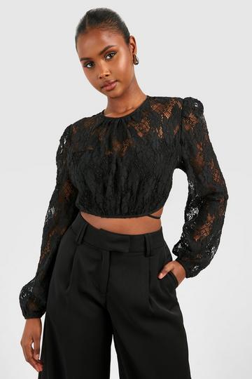 Black Lace Long Sleeve Crop Top