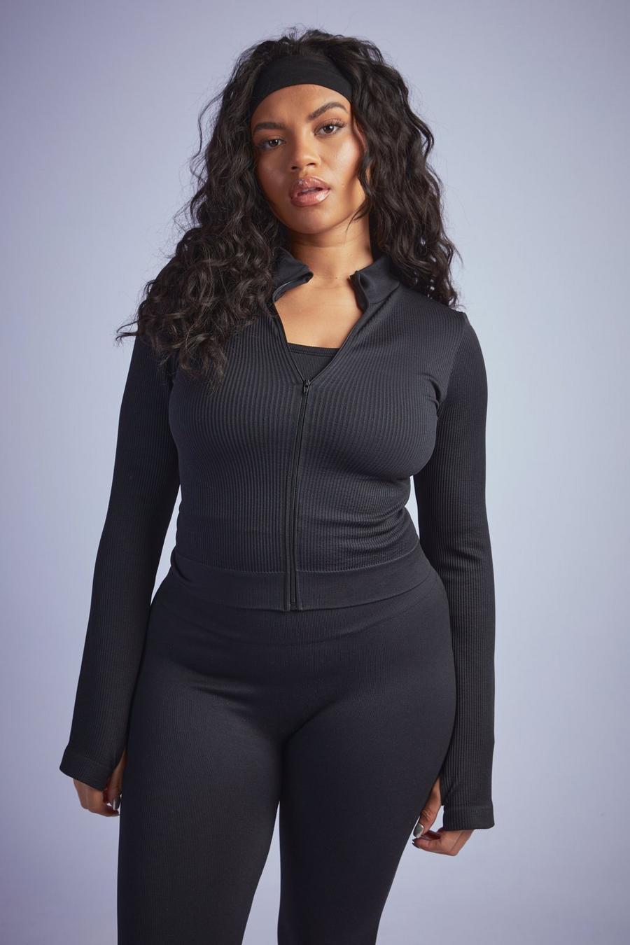 Giacca Plus Size a coste senza cuciture con zip, Black image number 1