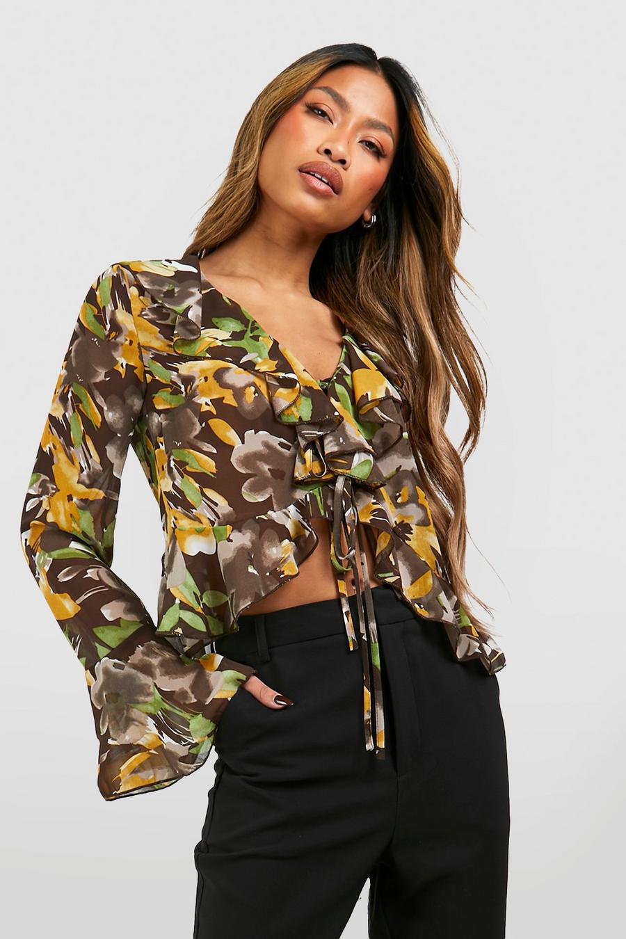 Brown Chiffon Floral Ruffle Blouse  image number 1