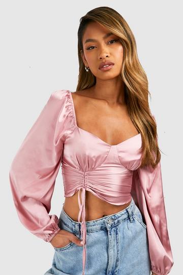 Satin Ruched Puff Sleeve Corset rose
