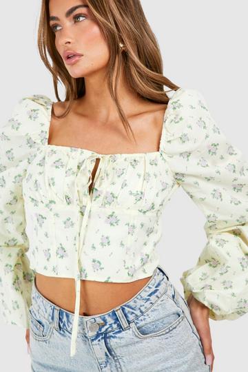 Floral Milkmaid Tie Detail Top lemon