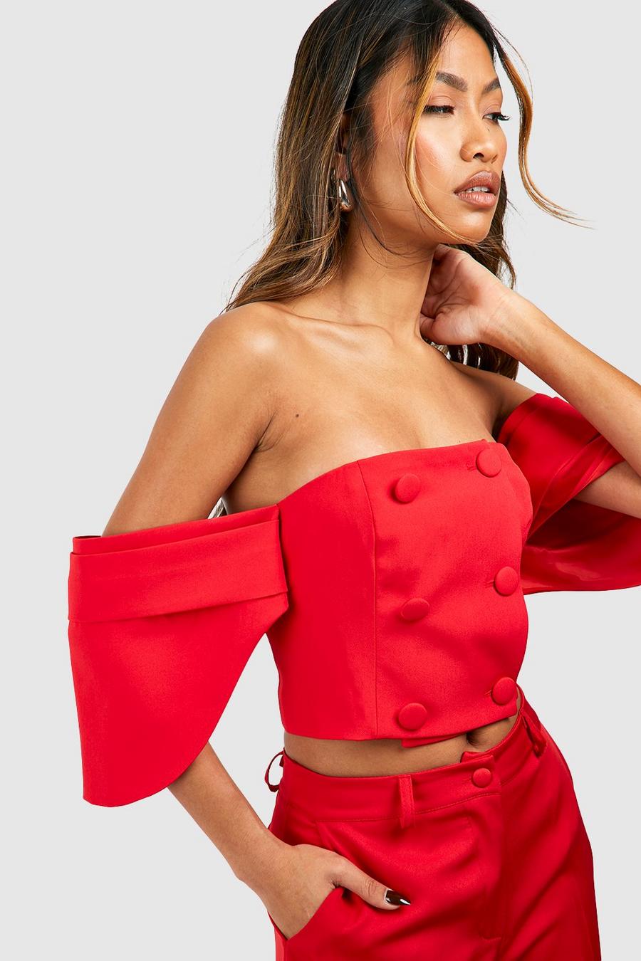 Red Volume Sleeve Tailored Bardot 