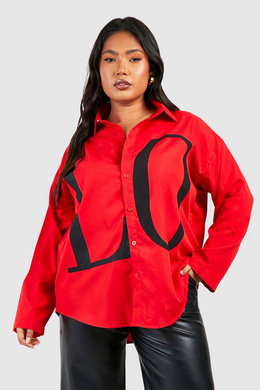 Camisa Plus oversize con eslogan Love, Red image number 1