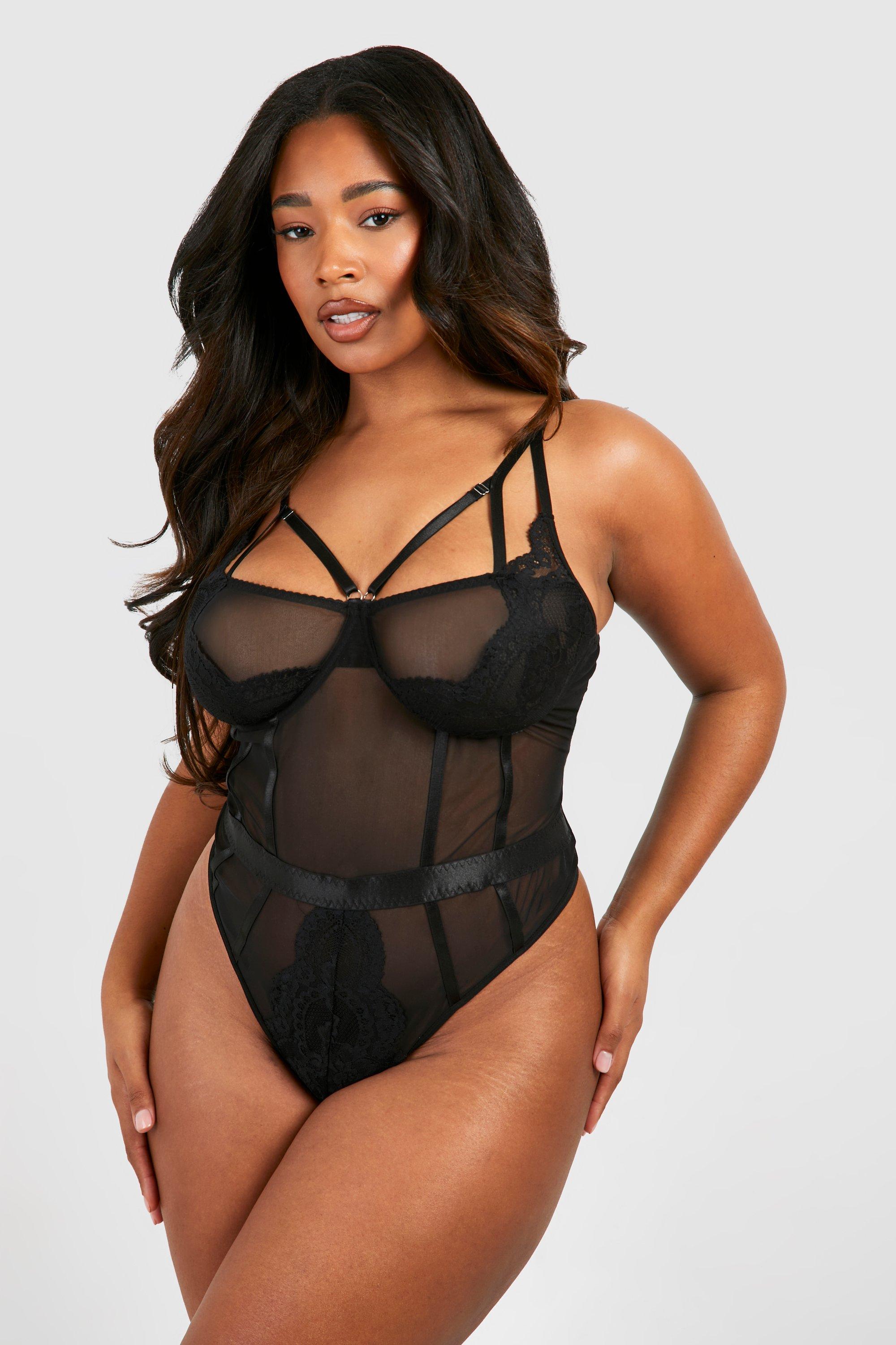 Plus Black Lace Mesh Bodysuit, Plus Size