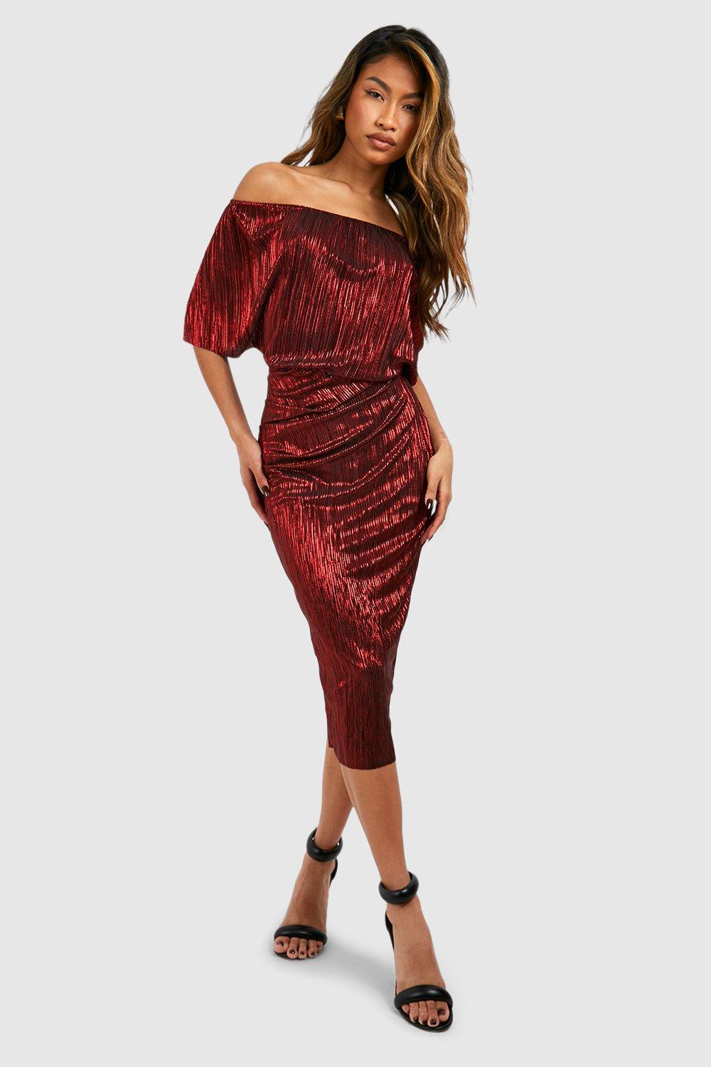 Boohoo red off shoulder dress sale