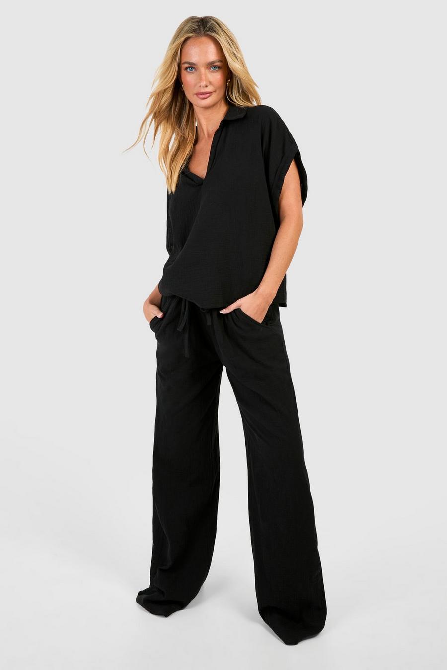 Black Linen Look Drawstring Beach Trousers image number 1
