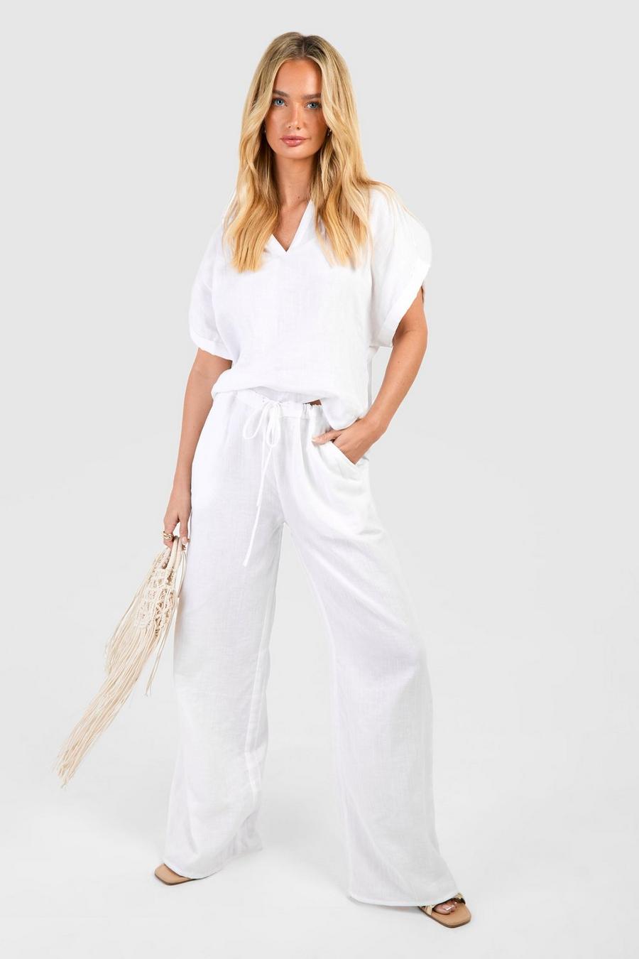 White Linen Look Drawstring Beach Trousers image number 1