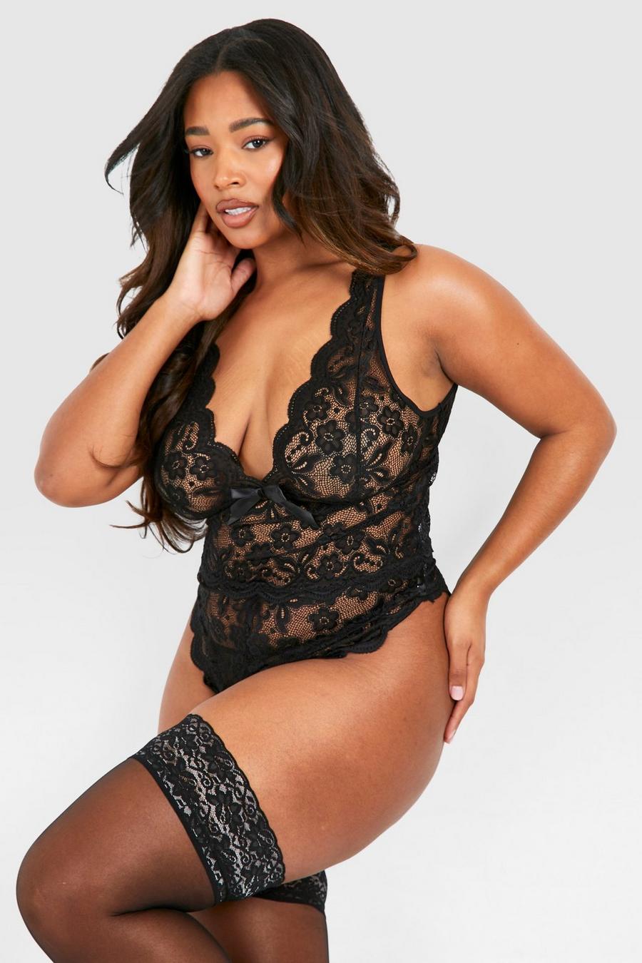 Babydoll Plus Size con fiocco in pizzo, Black image number 1