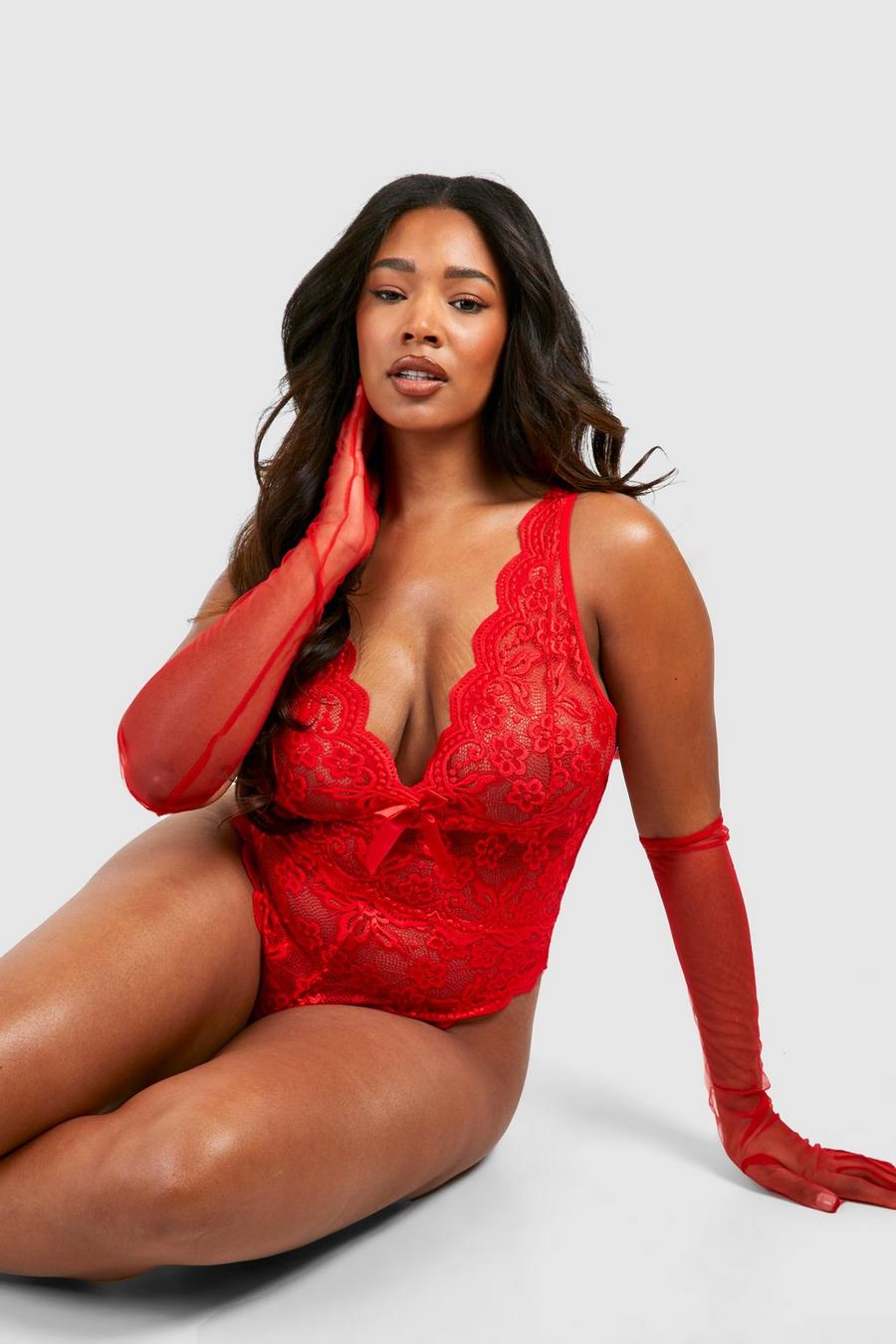 Plus Size Women Sexy Thong Contrast Lace Trims Red Heart