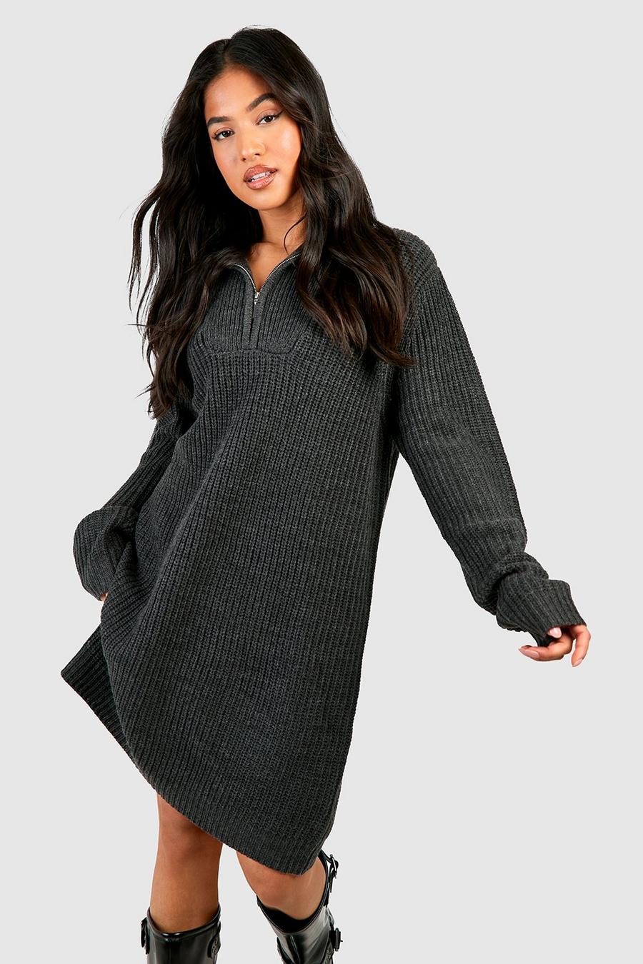 Charcoal Petite Zip Detail Sweater Dress image number 1