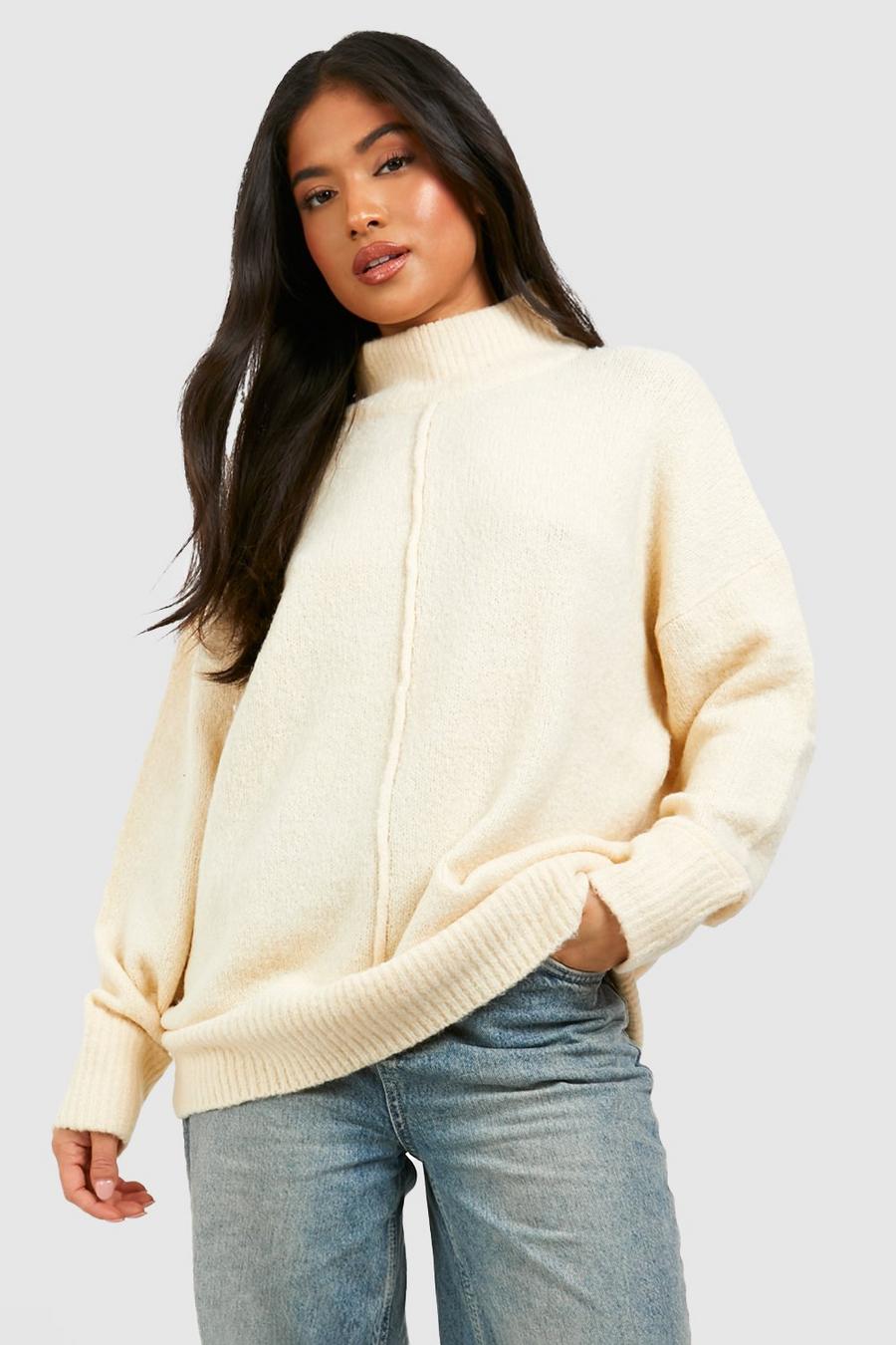 Cream Petite Seam Detail Turtleneck Sweater
