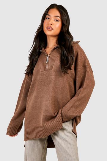 Petite Half Zip Collar Detail Longline Sweater brown