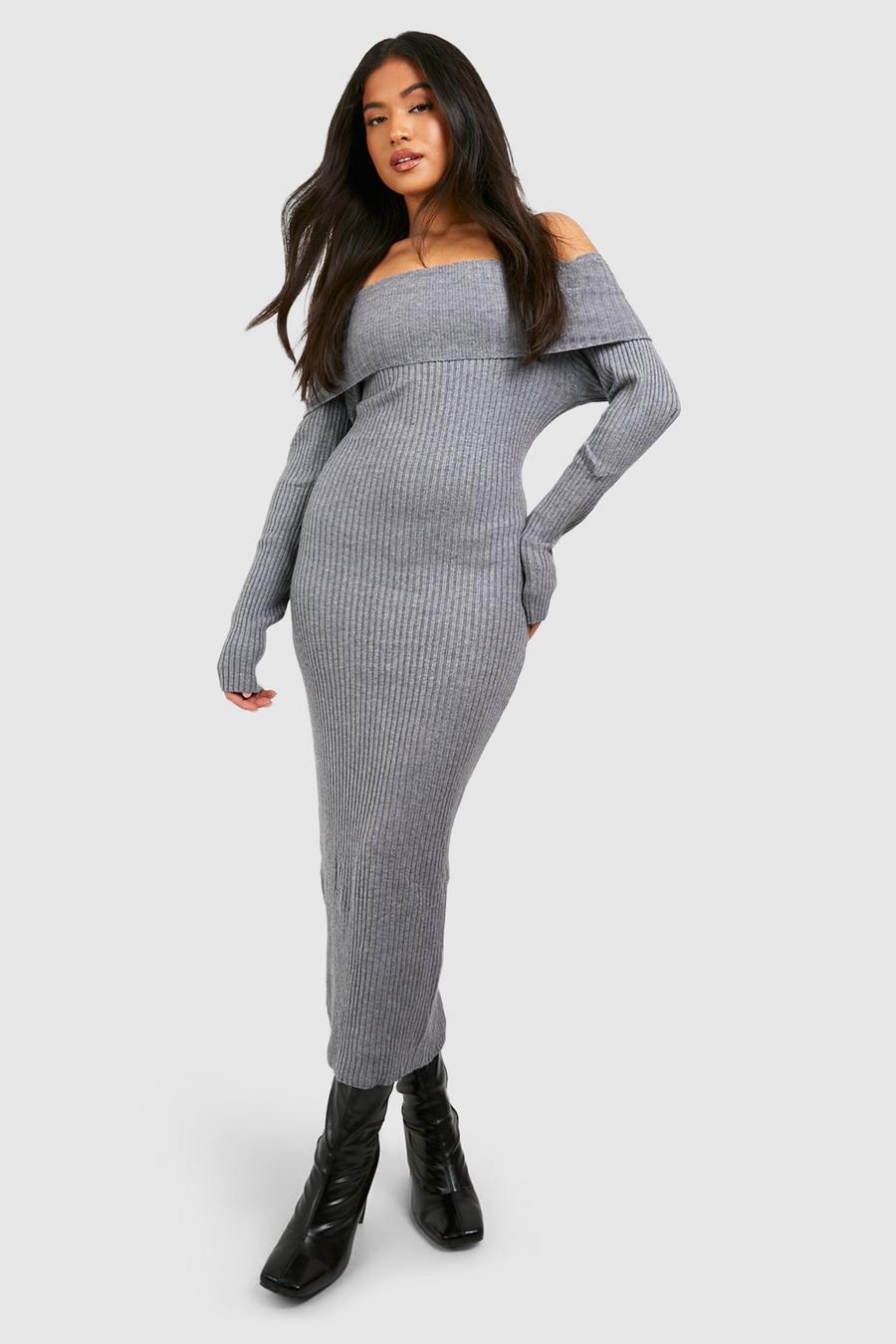 Grey Petite Knitted Off The Shoulder Midi Dress image number 1