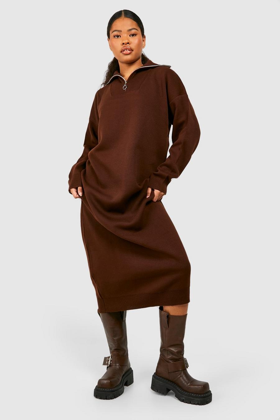 Chocolate Petite Half Zip Sweater Midi Dress image number 1