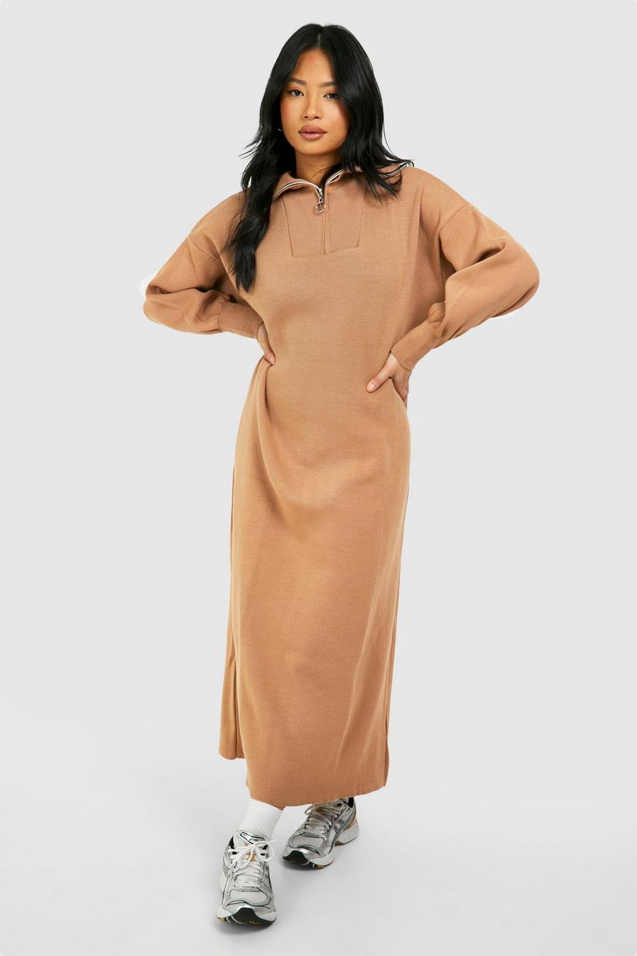 Cream Petite Half Zip Sweater Midi Dress