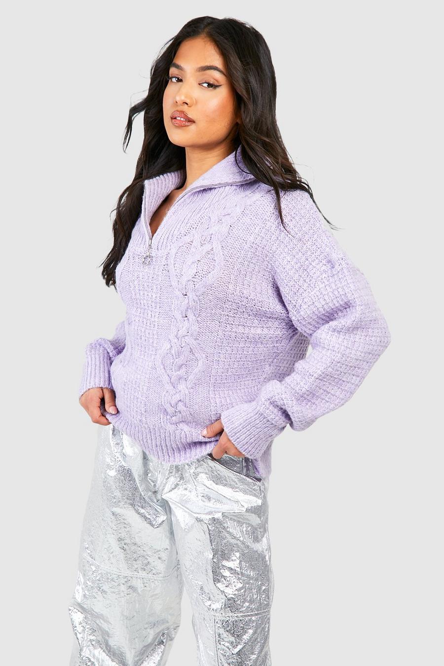 Petite Zopfmuster-Pullover mit halbem Reißverschluss, Lilac