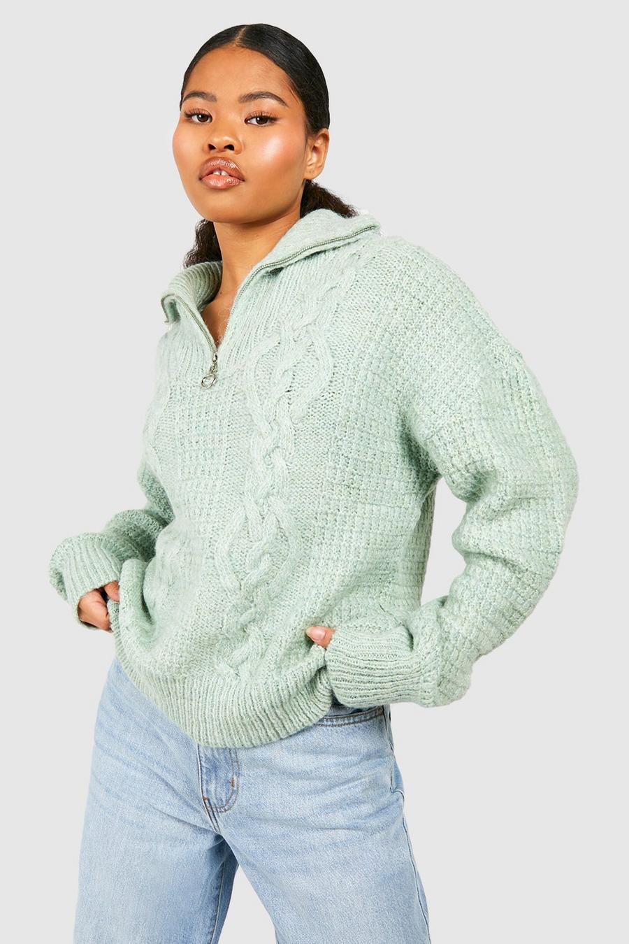 Mint Petite Half Zip Cable Knit Sweater image number 1