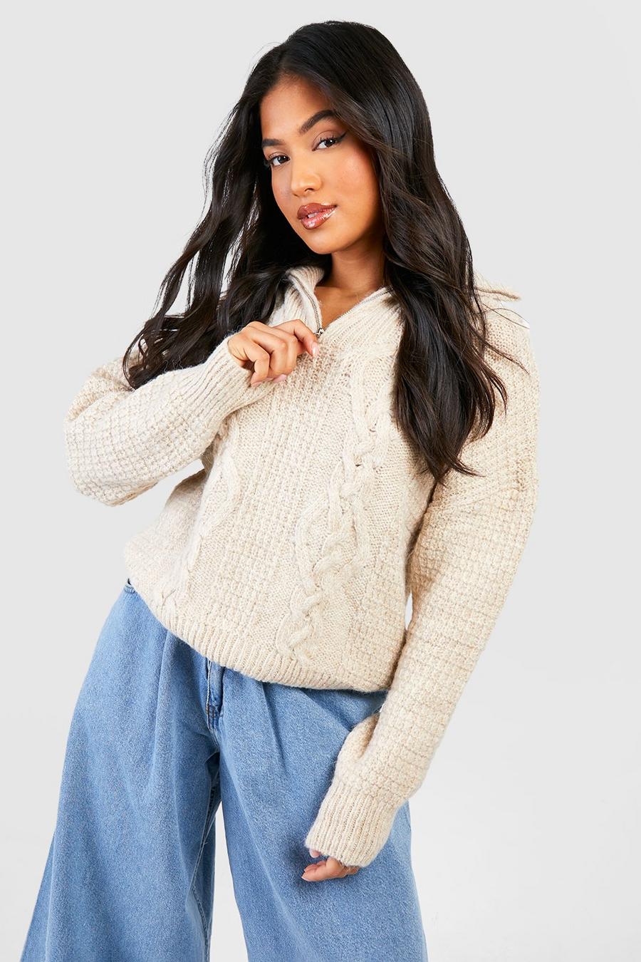Stone Petite Half Zip Cable Knit Sweater