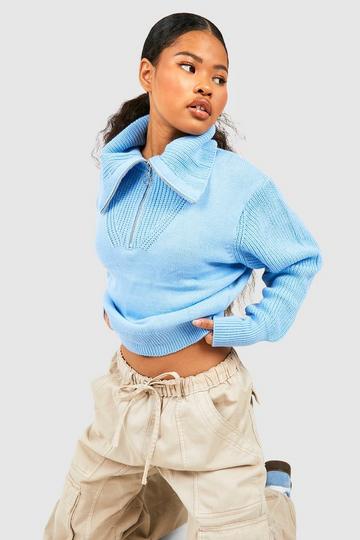 Blue Petite Half Zip Collar Detail Sweater
