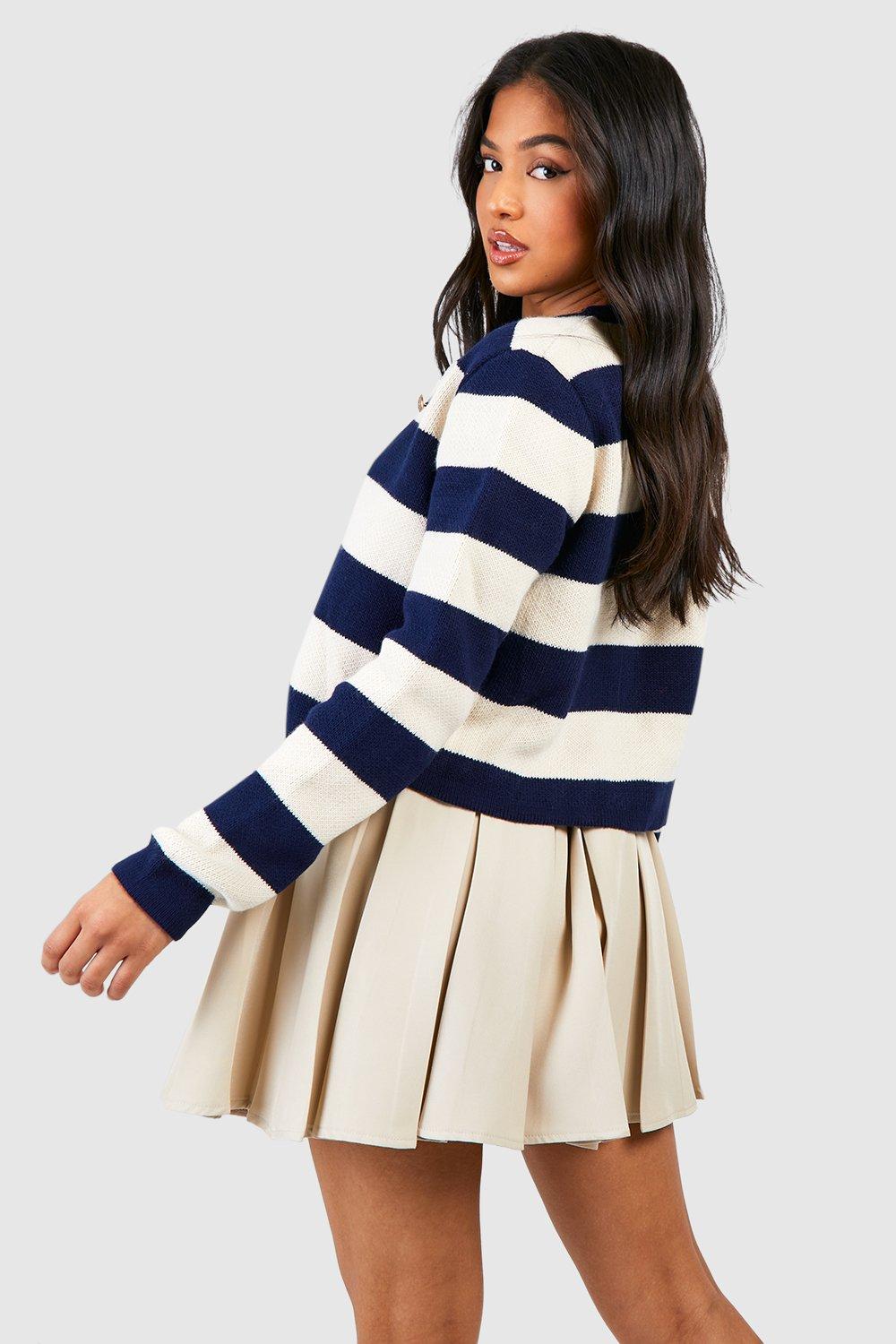boohoo Petite Button Detail Stripe Cardigan Navy S M