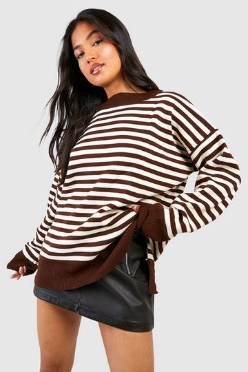 Camel Beige Petite Drop Shoulder Oversized Stripe Sweater
