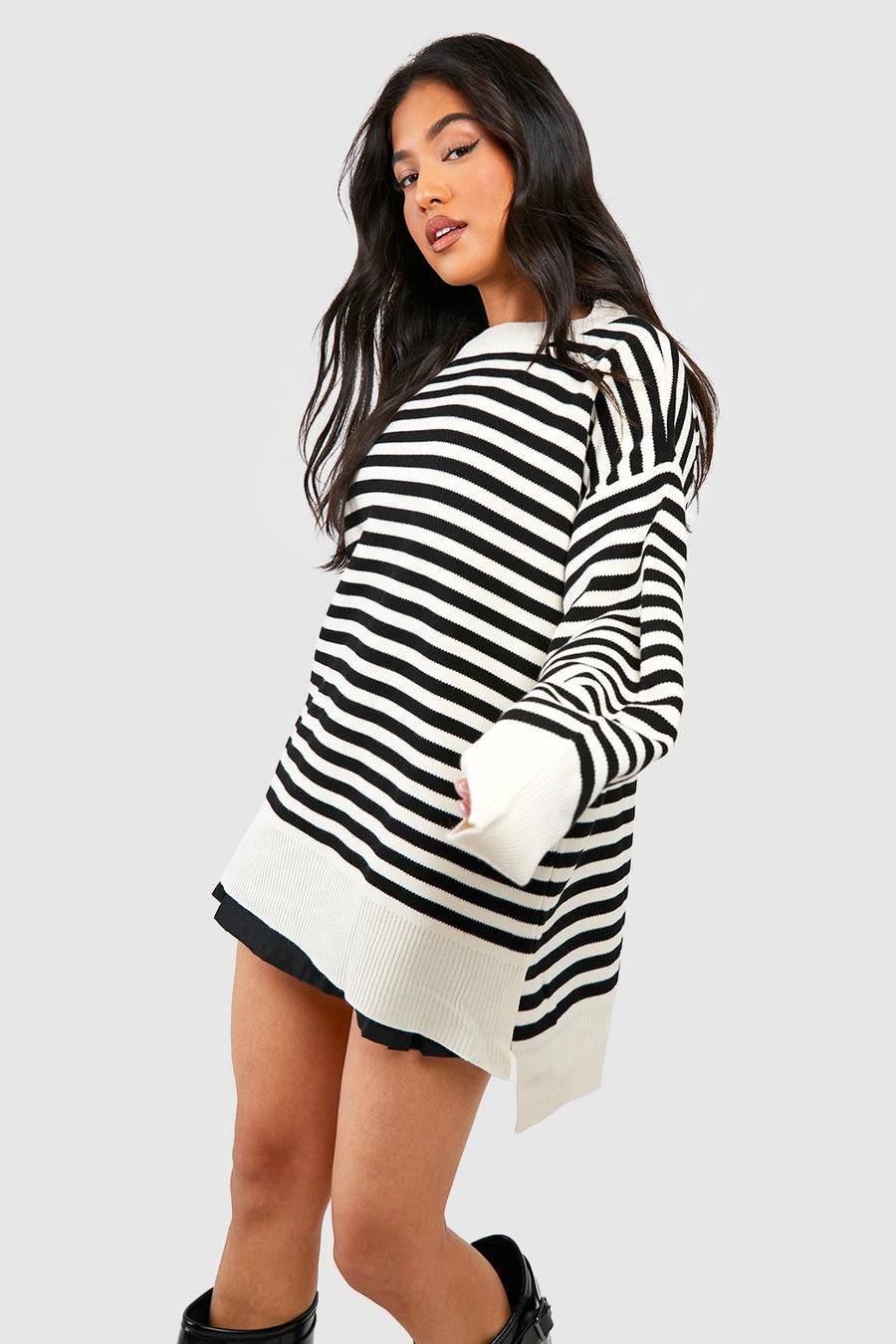 Cream Petite Drop Shoulder Oversized Stripe Sweater image number 1